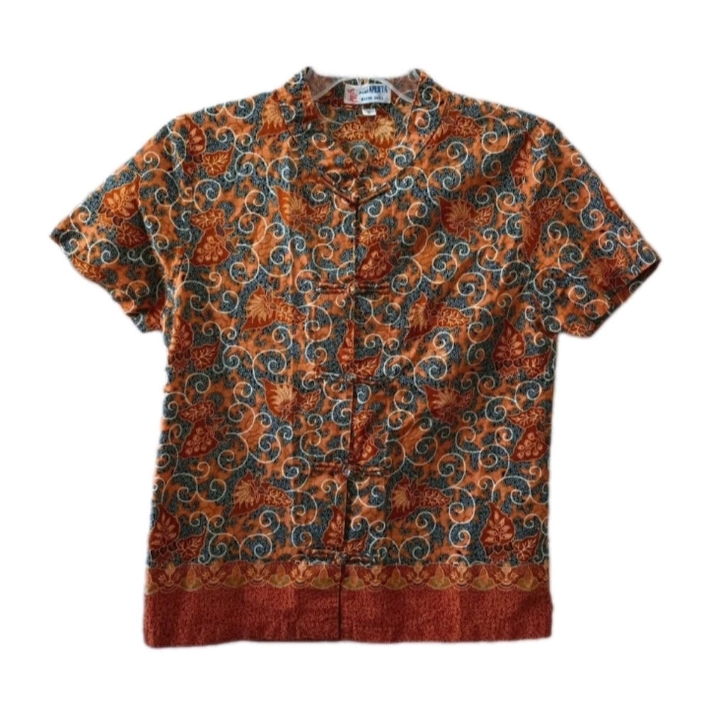 Sari Amerta Batik Iali Handmade Shirt Frog Closure Orange/Blue Size Small
